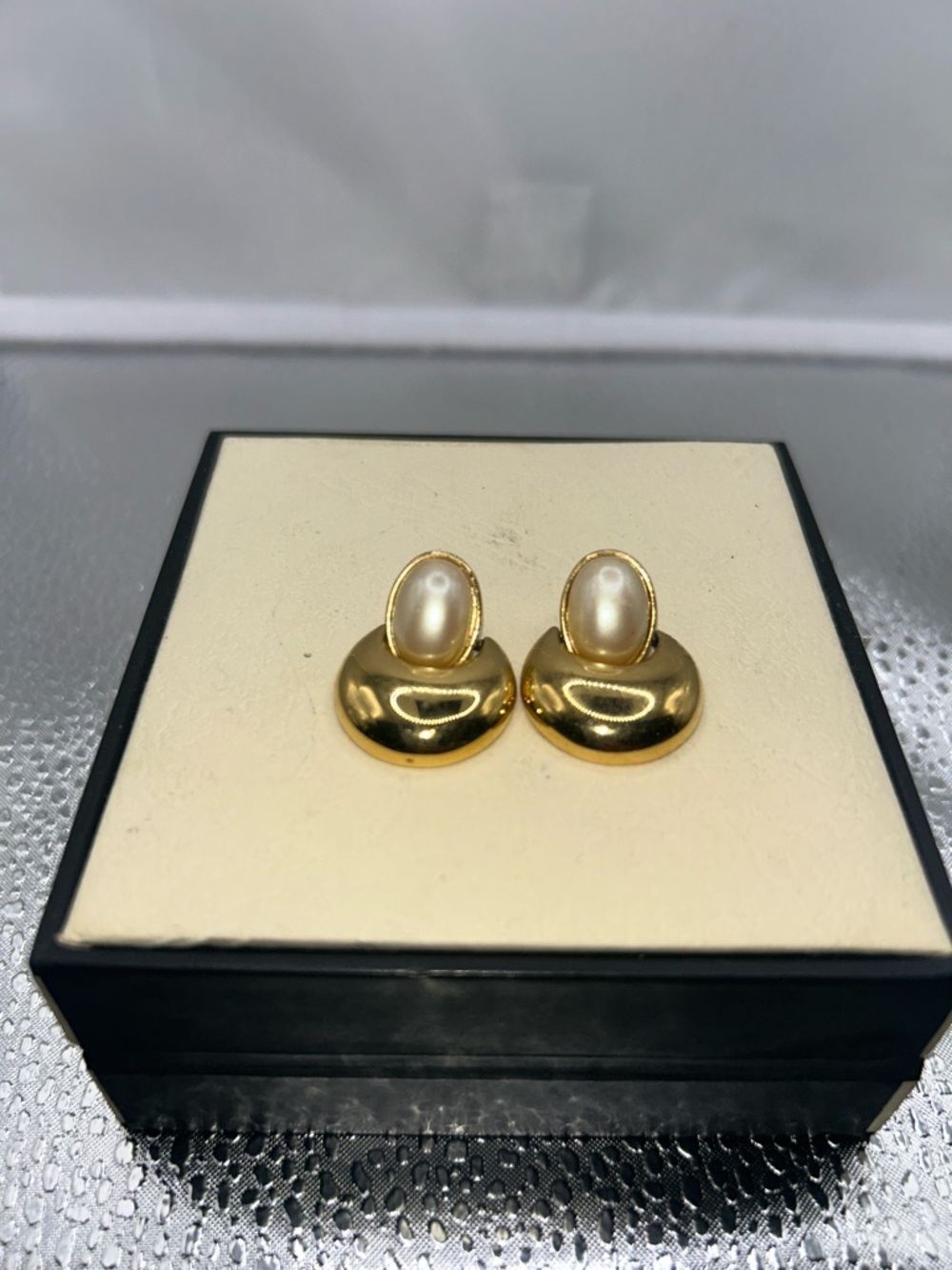Monet pierced earrings cream pearl gold tone door knocker style classic timeless